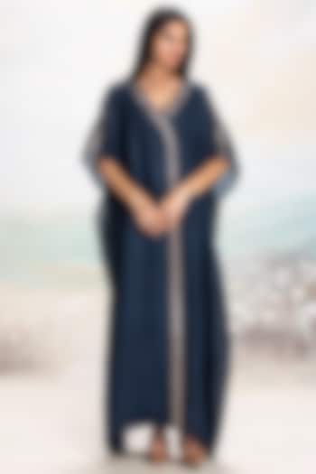 Navy Linen Embellished Kaftan by Kaveri at Pernia's Pop Up Shop
