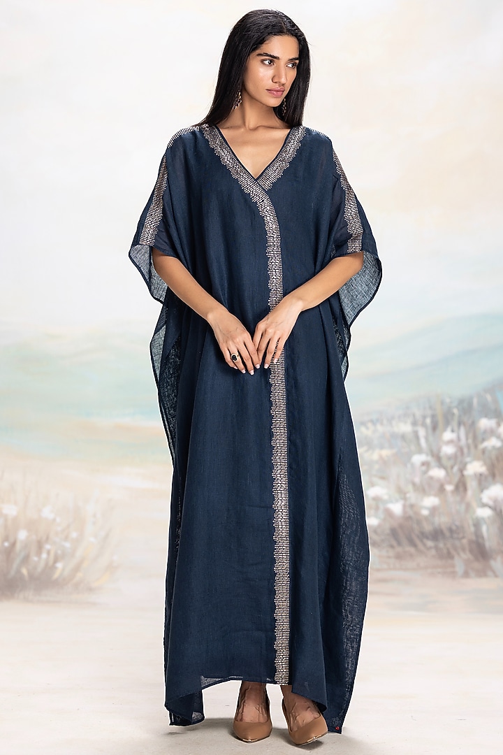 Navy Linen Embellished Kaftan by Kaveri at Pernia's Pop Up Shop