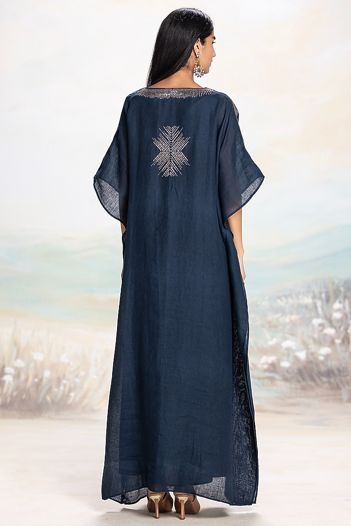 Navy Linen Embellished Kaftan by Kaveri at Pernia's Pop Up Shop