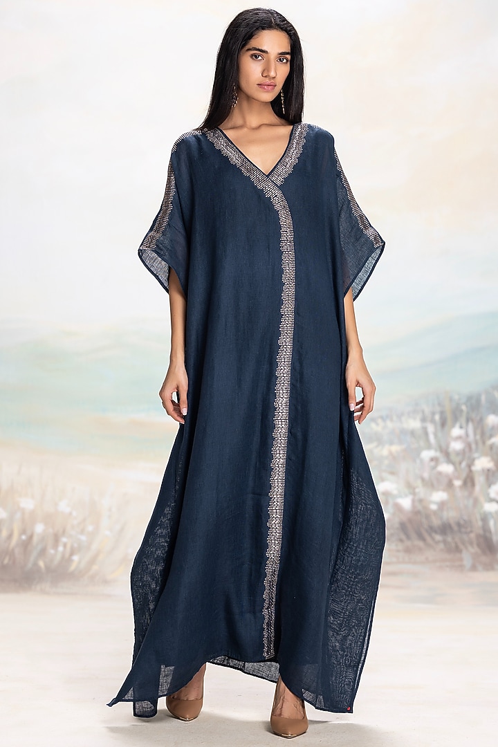 Navy Linen Embellished Kaftan by Kaveri at Pernia's Pop Up Shop