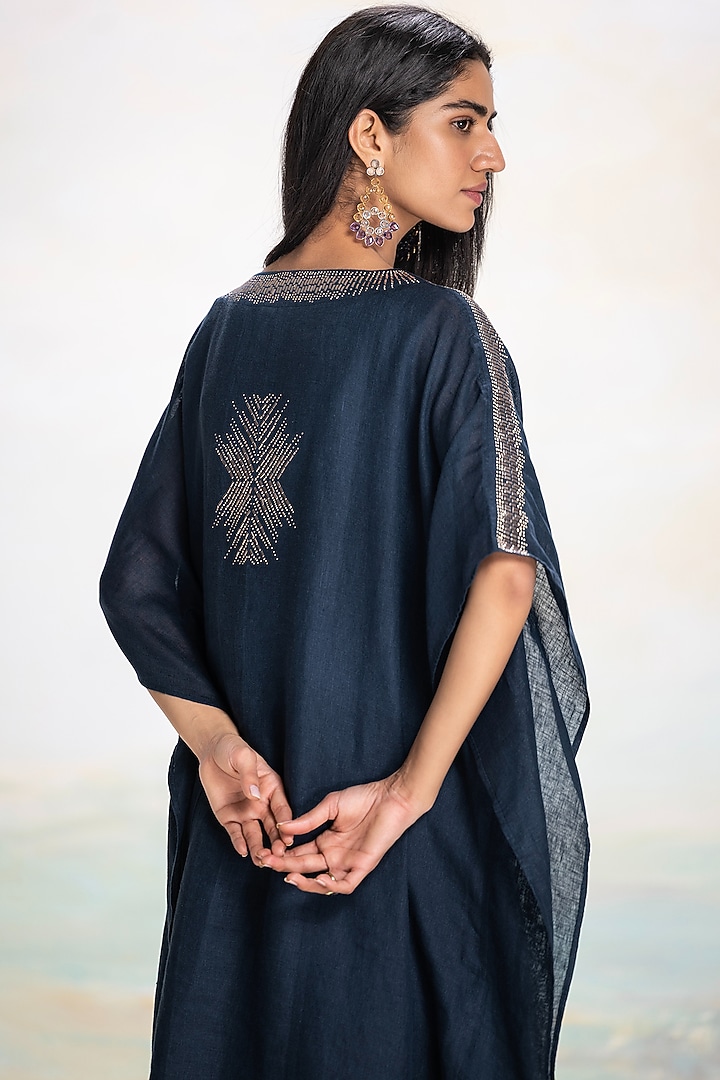 Navy Linen Embellished Kaftan by Kaveri at Pernia's Pop Up Shop