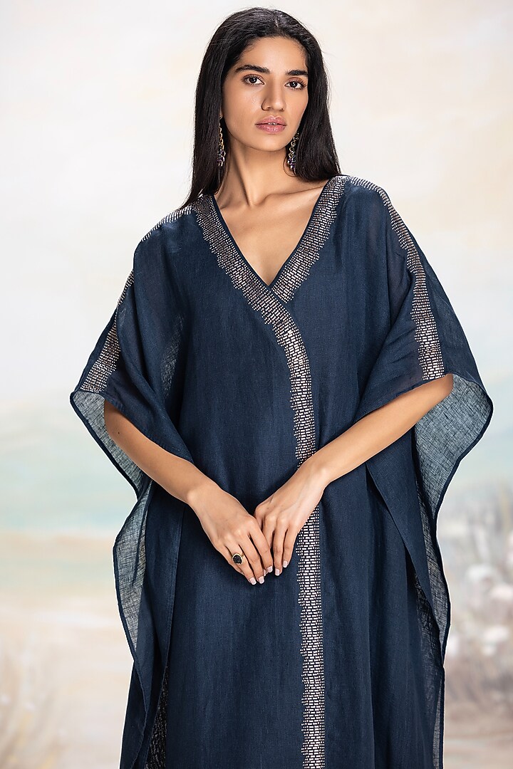 Navy Linen Embellished Kaftan by Kaveri at Pernia's Pop Up Shop