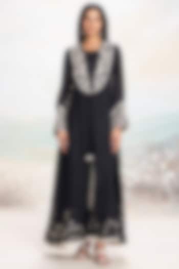 Black Linen Floral Embellished Abaya Jacket Cocktail Dress by Kaveri at Pernia's Pop Up Shop