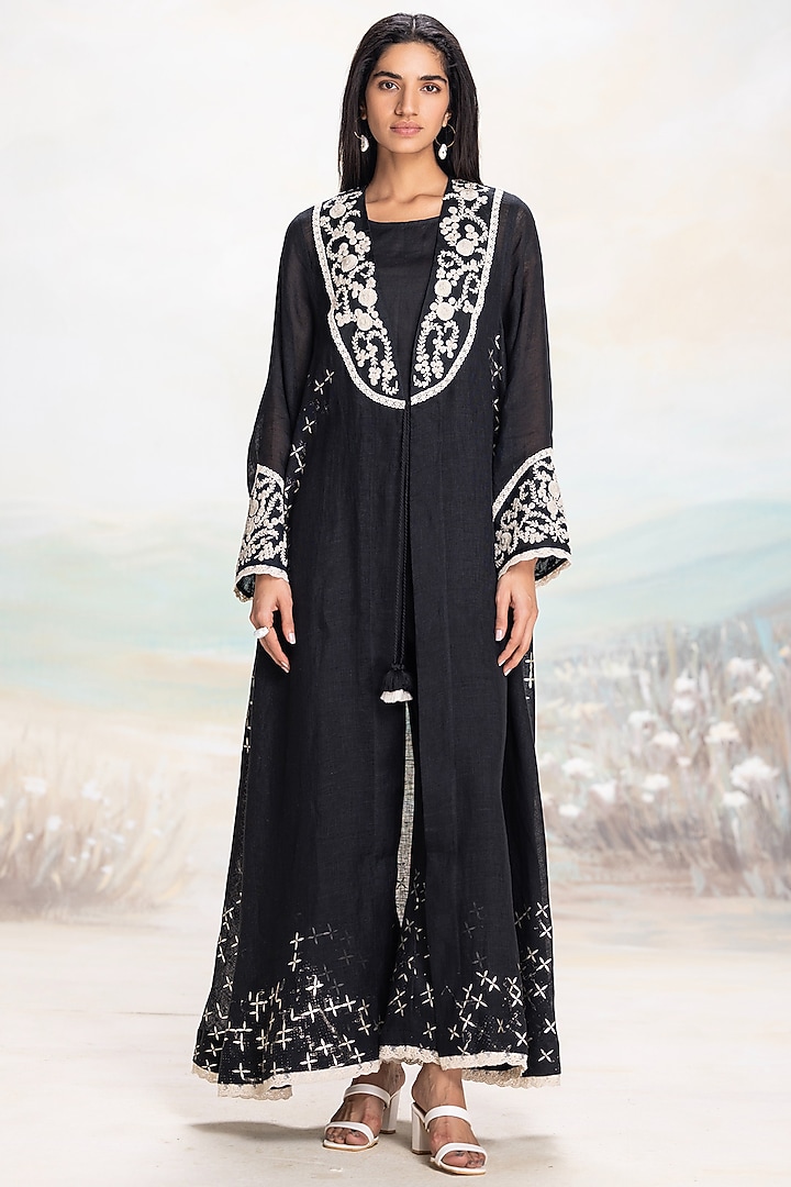 Black Linen Floral Embellished Abaya Jacket Cocktail Dress by Kaveri at Pernia's Pop Up Shop
