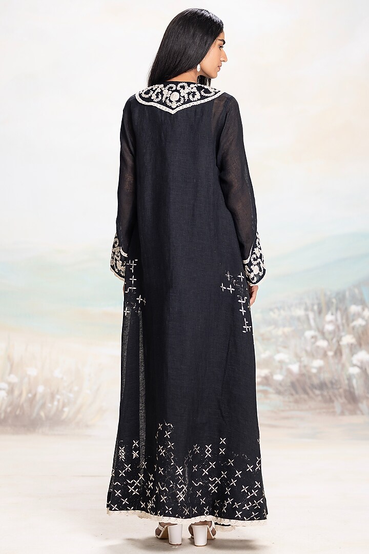 Black Linen Floral Embellished Abaya Jacket Cocktail Dress by Kaveri at Pernia's Pop Up Shop