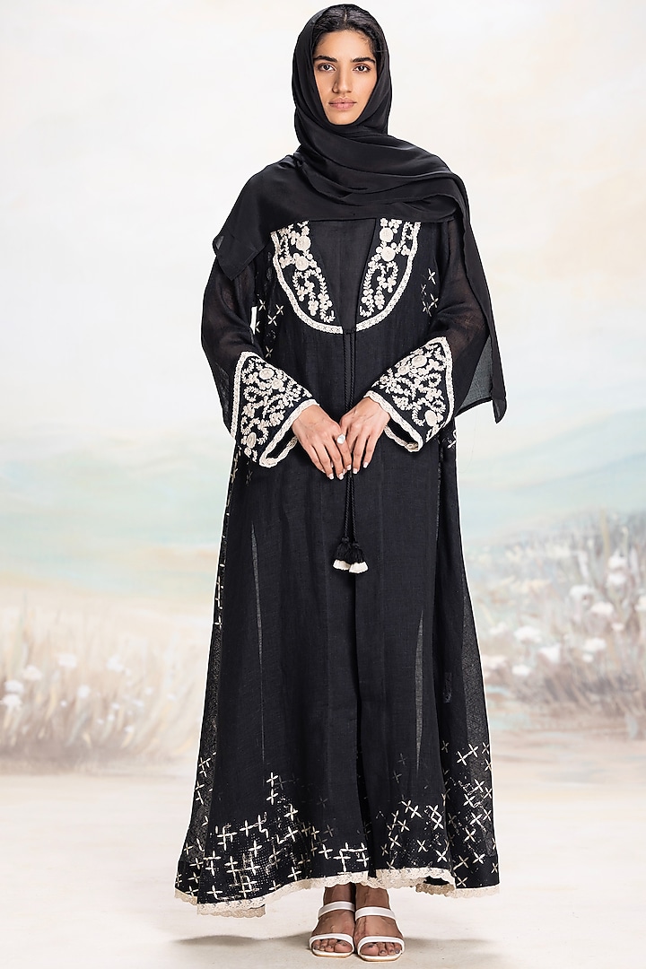 Black Linen Floral Embellished Abaya Jacket Cocktail Dress by Kaveri at Pernia's Pop Up Shop