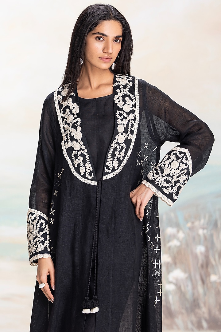 Black Linen Floral Embellished Abaya Jacket Cocktail Dress by Kaveri at Pernia's Pop Up Shop