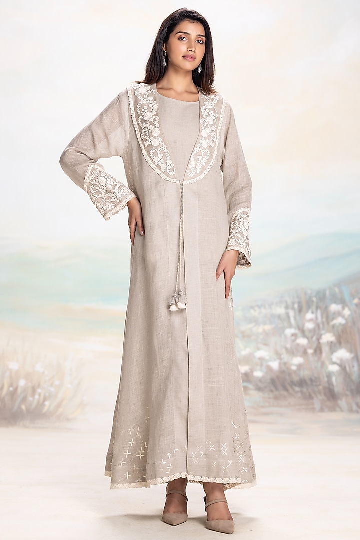 Natural-Colored Linen Floral Embellished Abaya Jacket Cocktail Dress by Kaveri at Pernia's Pop Up Shop
