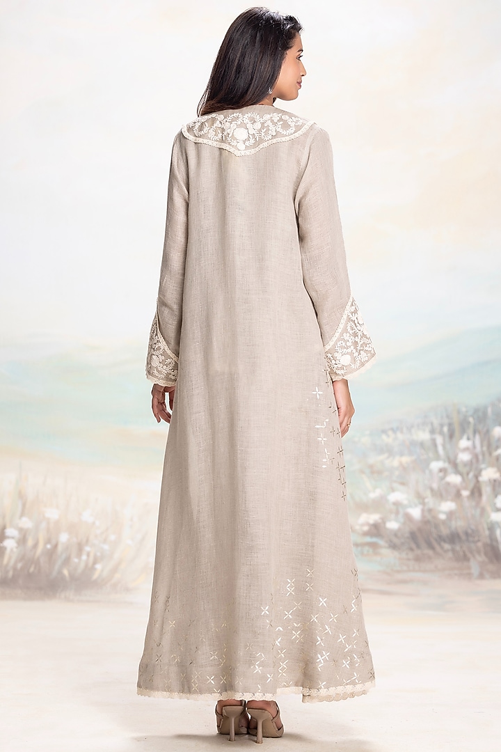 Natural-Colored Linen Floral Embellished Abaya Jacket Cocktail Dress by Kaveri at Pernia's Pop Up Shop