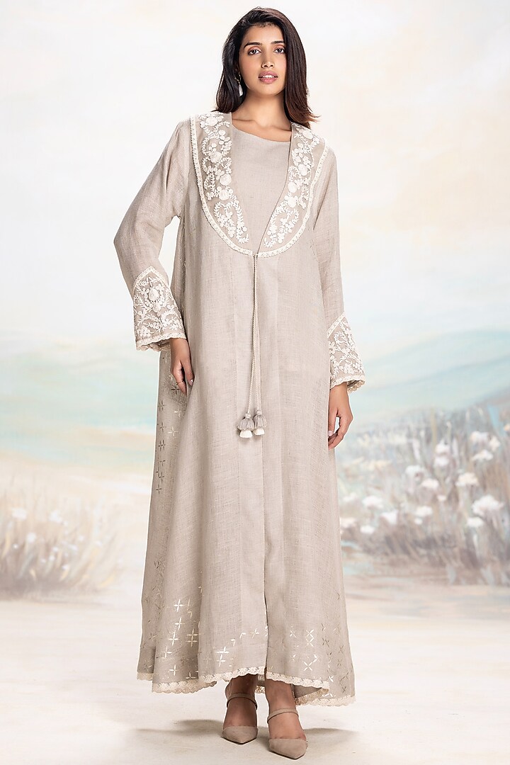 Natural-Colored Linen Floral Embellished Abaya Jacket Cocktail Dress by Kaveri at Pernia's Pop Up Shop