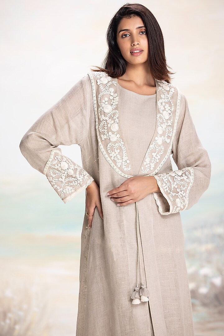 Natural-Colored Linen Floral Embellished Abaya Jacket Cocktail Dress by Kaveri at Pernia's Pop Up Shop