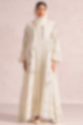 Off-White Linen Blend Silk & Organza Embroidered Abaya Jacket Cocktail Dress by Kaveri at Pernia's Pop Up Shop