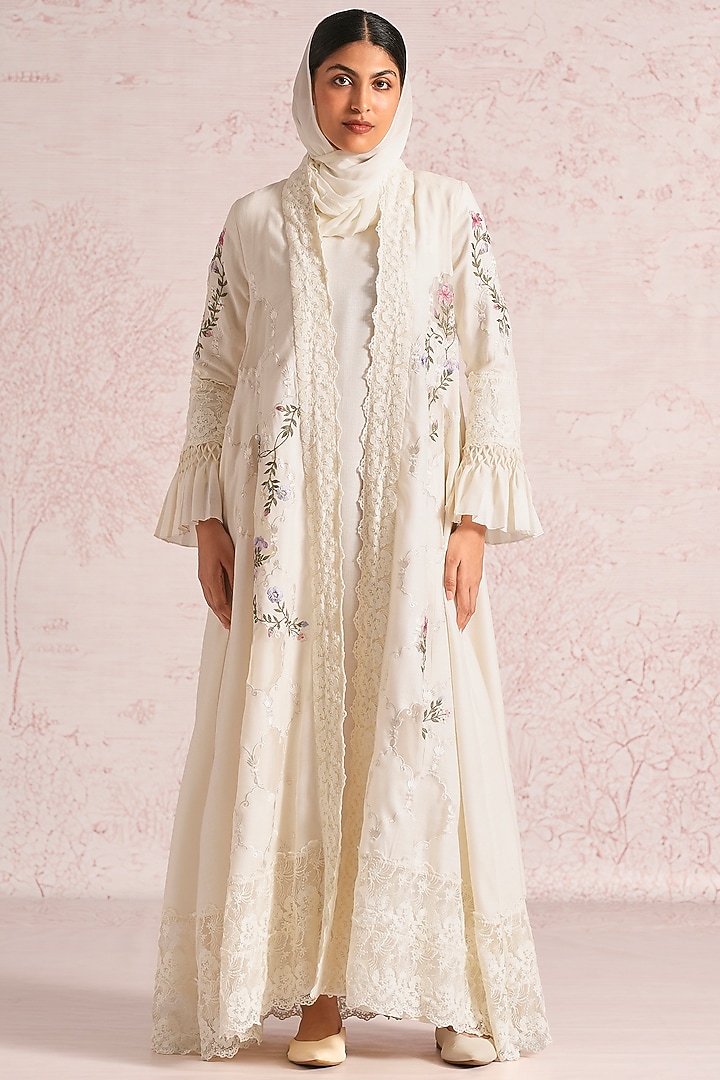Off-White Linen Blend Silk & Organza Embroidered Abaya Jacket Cocktail Dress by Kaveri at Pernia's Pop Up Shop