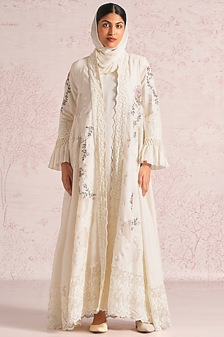 Off-White Linen Blend Silk & Organza Embroidered Abaya Jacket Dress by Kaveri