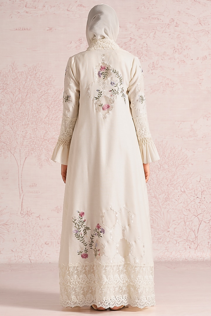 Off-White Linen Blend Silk & Organza Embroidered Abaya Jacket Cocktail Dress by Kaveri at Pernia's Pop Up Shop