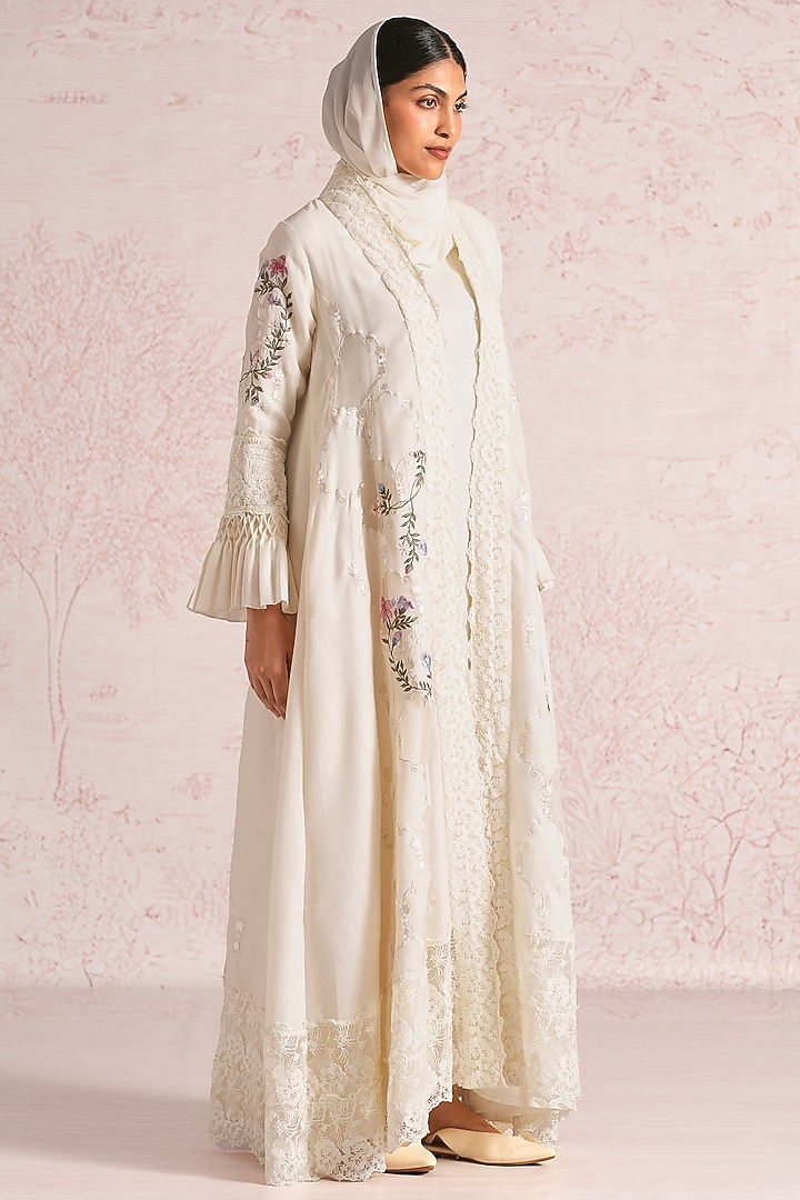 Off-White Linen Blend Silk & Organza Embroidered Abaya Jacket Cocktail Dress by Kaveri at Pernia's Pop Up Shop