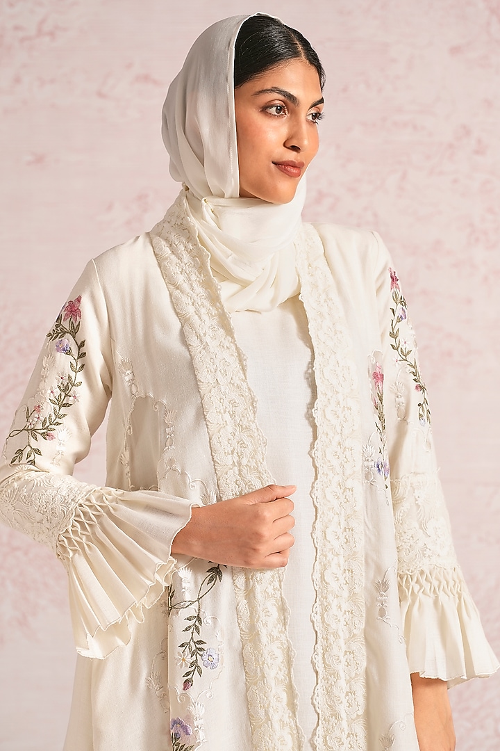 Off-White Linen Blend Silk & Organza Embroidered Abaya Jacket Cocktail Dress by Kaveri at Pernia's Pop Up Shop