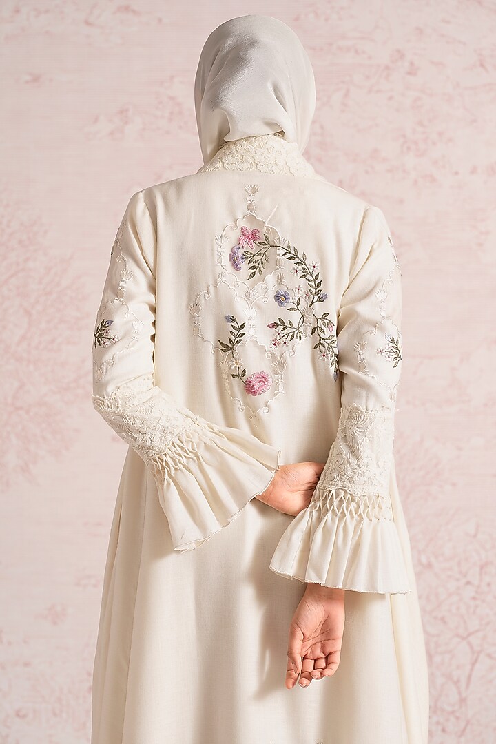 Off-White Linen Blend Silk & Organza Embroidered Abaya Jacket Cocktail Dress by Kaveri at Pernia's Pop Up Shop