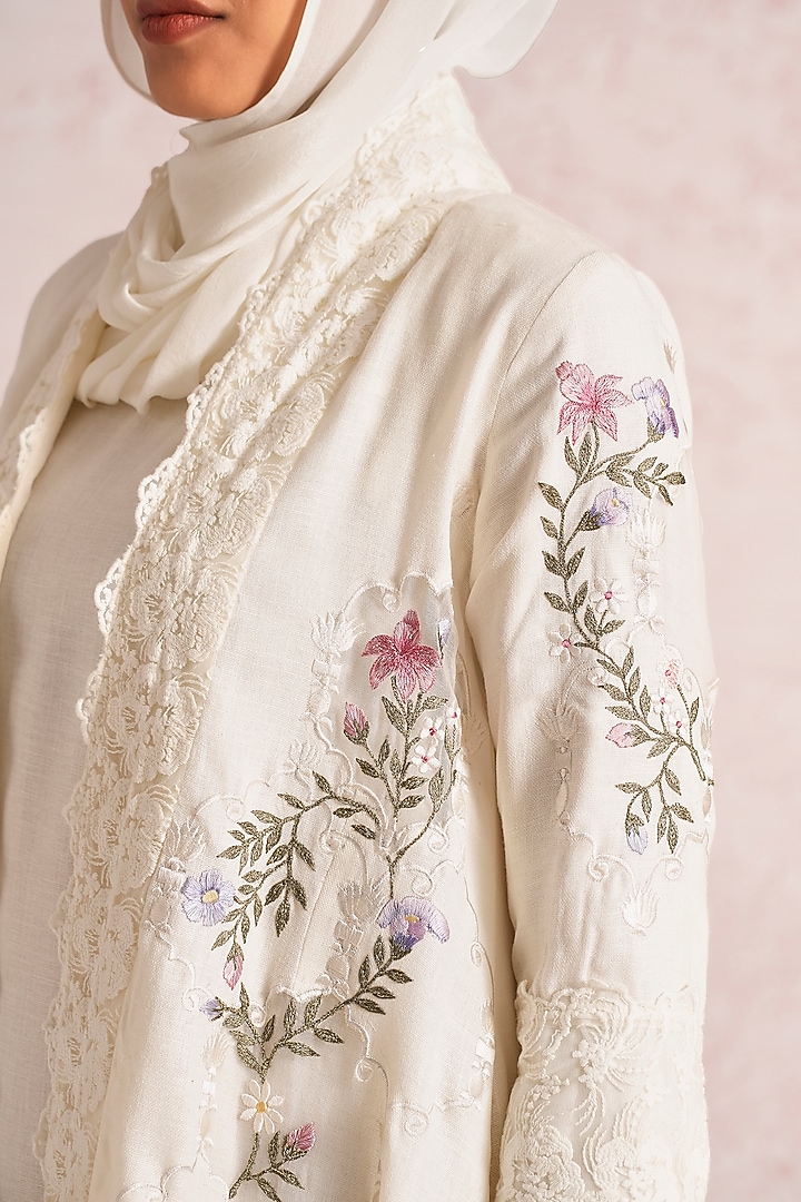 Off-White Linen Blend Silk & Organza Embroidered Abaya Jacket Cocktail Dress by Kaveri at Pernia's Pop Up Shop