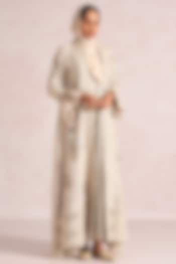 Natural-Colored Linen Blend Silk & Organza Embroidered Abaya Jacket Cocktail Dress by Kaveri at Pernia's Pop Up Shop