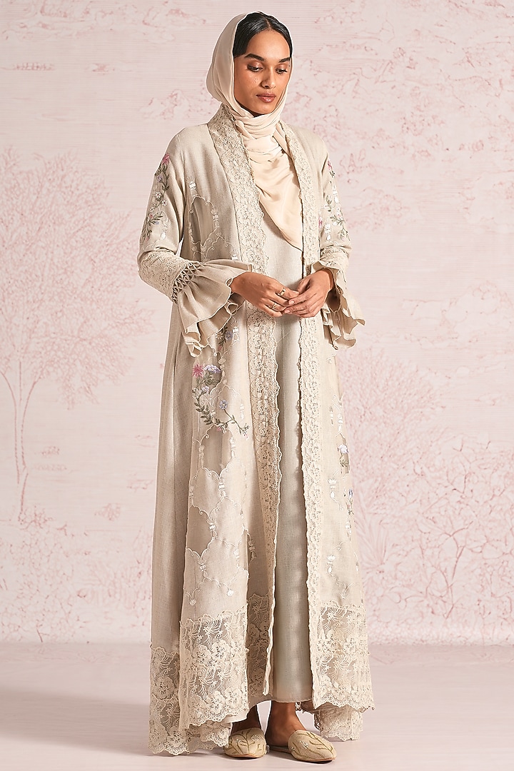 Natural-Colored Linen Blend Silk & Organza Embroidered Abaya Jacket Cocktail Dress by Kaveri at Pernia's Pop Up Shop