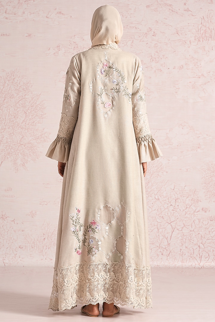 Natural-Colored Linen Blend Silk & Organza Embroidered Abaya Jacket Cocktail Dress by Kaveri at Pernia's Pop Up Shop