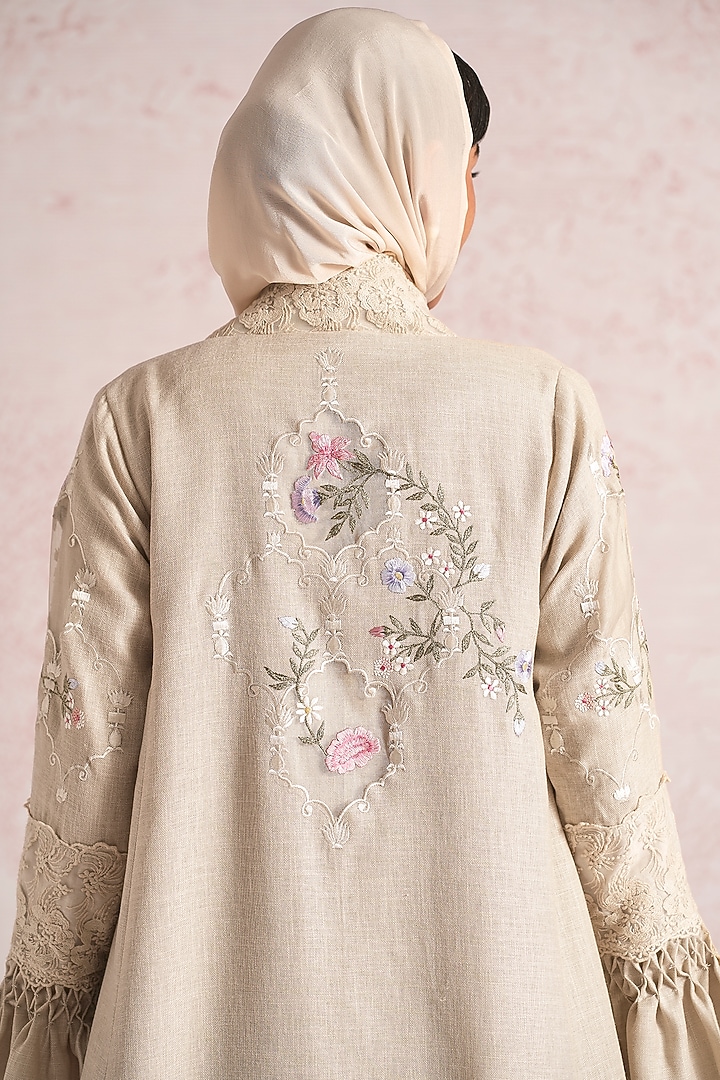 Natural-Colored Linen Blend Silk & Organza Embroidered Abaya Jacket Cocktail Dress by Kaveri at Pernia's Pop Up Shop
