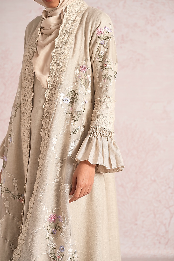 Natural-Colored Linen Blend Silk & Organza Embroidered Abaya Jacket Cocktail Dress by Kaveri at Pernia's Pop Up Shop