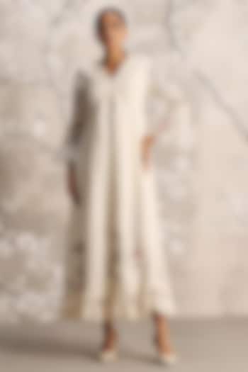 Off-White Linen Blend Silk Floral Hand Embroidered Cocktail Dress by Kaveri at Pernia's Pop Up Shop