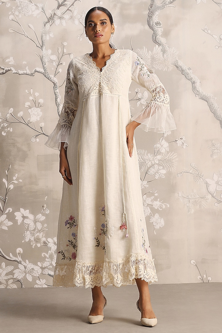 Off-White Linen Blend Silk Floral Hand Embroidered Cocktail Dress by Kaveri at Pernia's Pop Up Shop