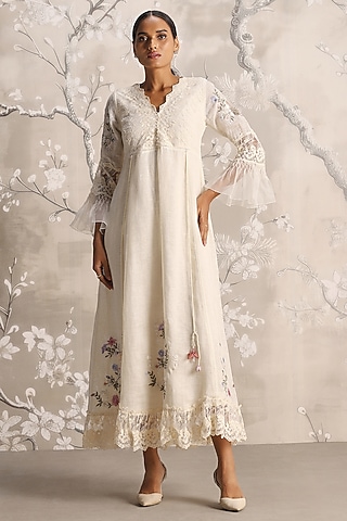 Off-White Linen Blend Silk Floral Hand Embroidered Dress by Kaveri