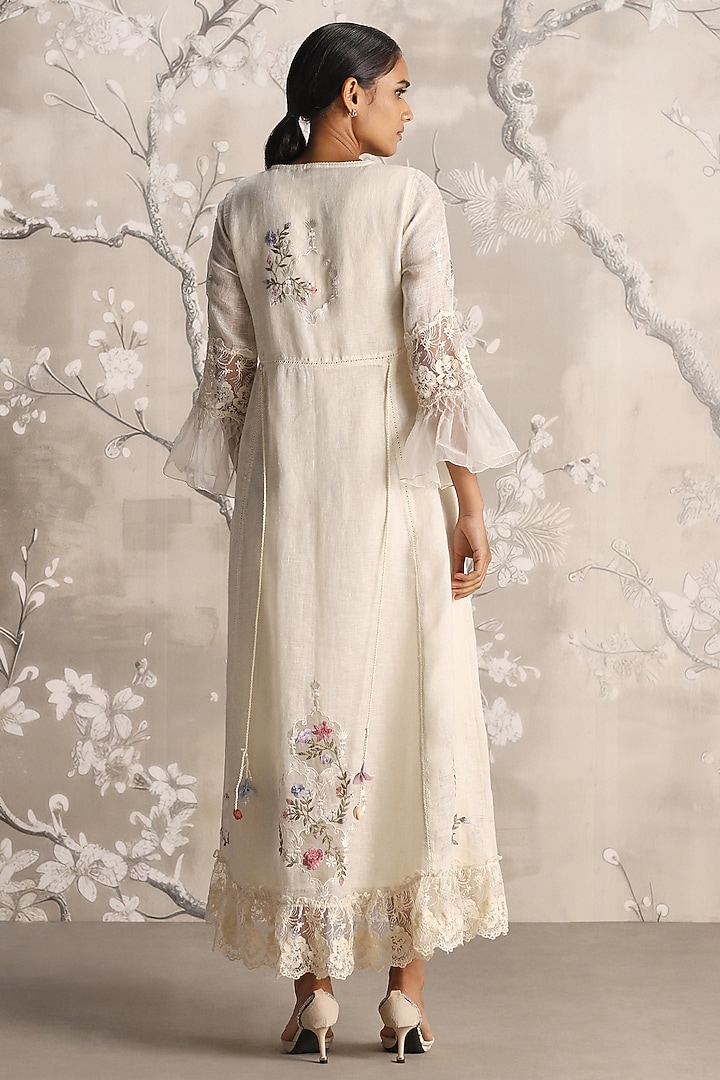 Off-White Linen Blend Silk Floral Hand Embroidered Cocktail Dress by Kaveri at Pernia's Pop Up Shop