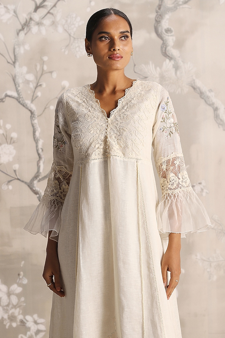 Off-White Linen Blend Silk Floral Hand Embroidered Cocktail Dress by Kaveri at Pernia's Pop Up Shop