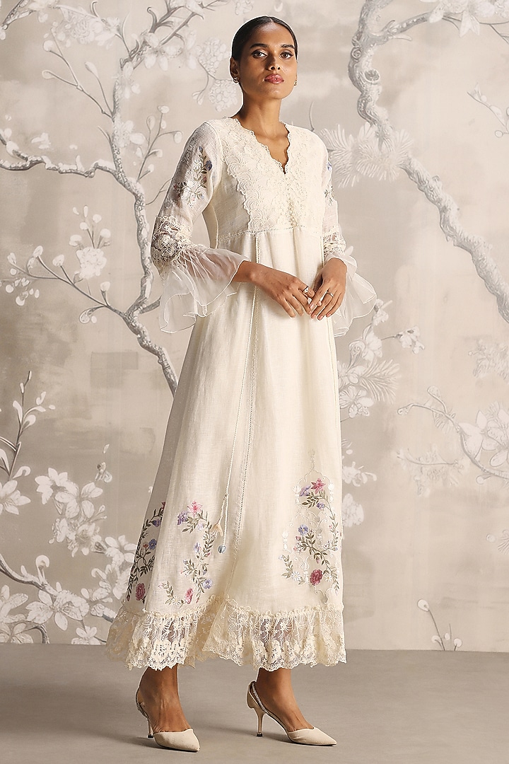 Off-White Linen Blend Silk Floral Hand Embroidered Cocktail Dress by Kaveri at Pernia's Pop Up Shop