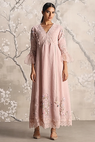 Shadow Rose Linen Blend Silk Floral Hand Embroidered Dress by Kaveri