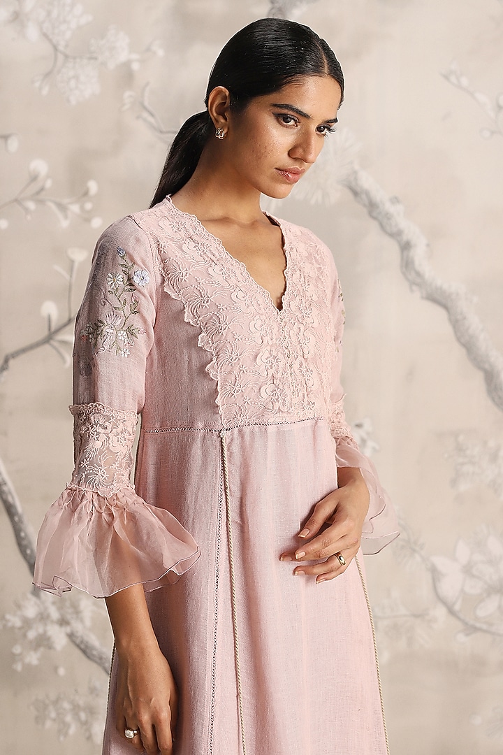 Shadow Rose Linen Blend Silk Floral Hand Embroidered Cocktail Dress by Kaveri at Pernia's Pop Up Shop