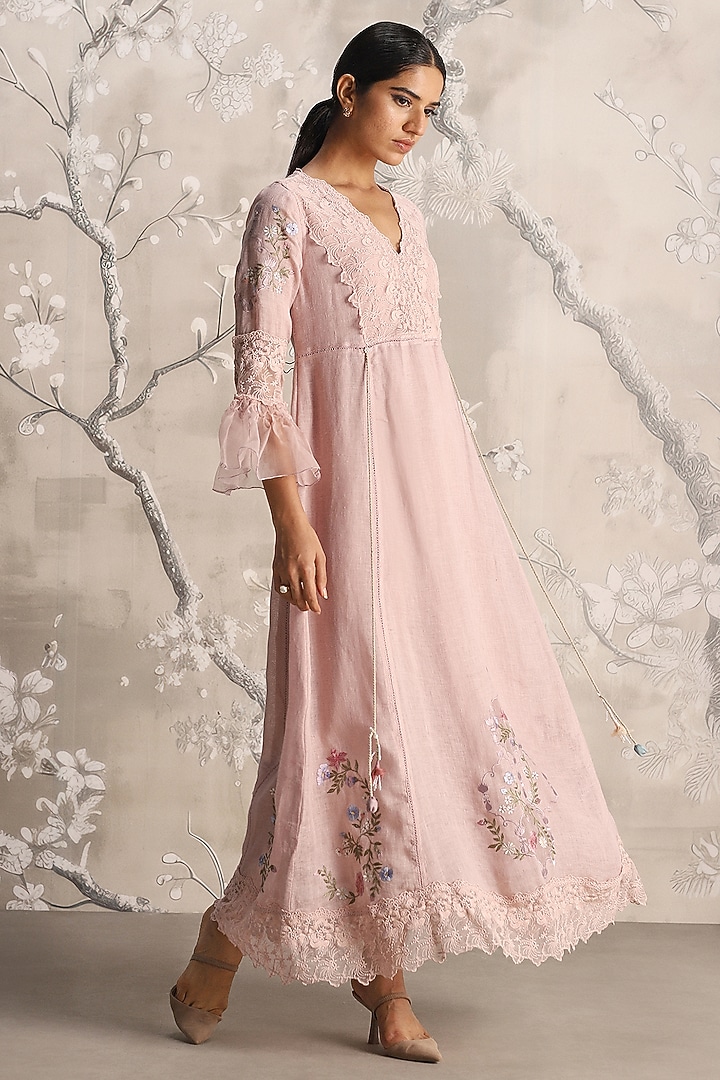 Shadow Rose Linen Blend Silk Floral Hand Embroidered Cocktail Dress by Kaveri at Pernia's Pop Up Shop