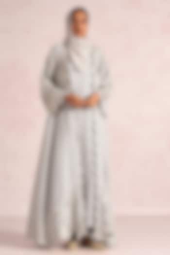 Smoke Colored Linen Blend Floral Thread Embroidered Abaya Jacket Cocktail Dress by Kaveri at Pernia's Pop Up Shop