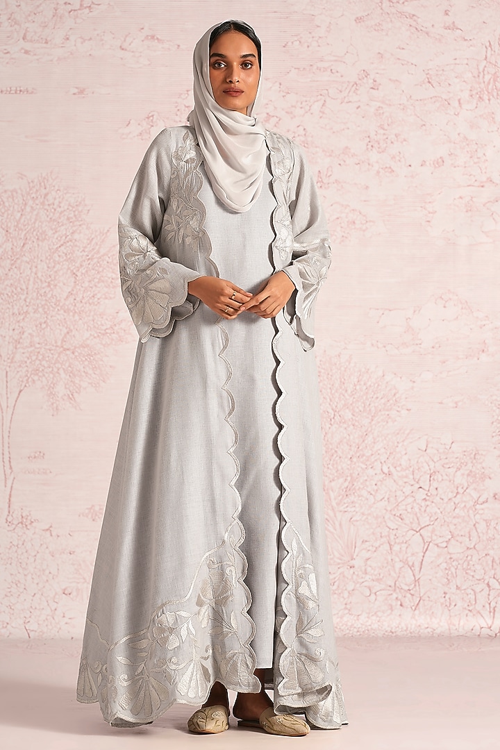 Smoke Colored Linen Blend Floral Thread Embroidered Abaya Jacket Cocktail Dress by Kaveri at Pernia's Pop Up Shop