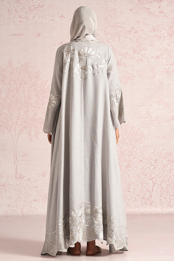 Smoke Colored Linen Blend Floral Thread Embroidered Abaya Jacket Cocktail Dress by Kaveri at Pernia's Pop Up Shop