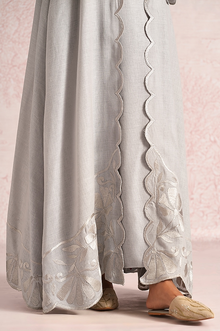 Smoke Colored Linen Blend Floral Thread Embroidered Abaya Jacket Cocktail Dress by Kaveri at Pernia's Pop Up Shop