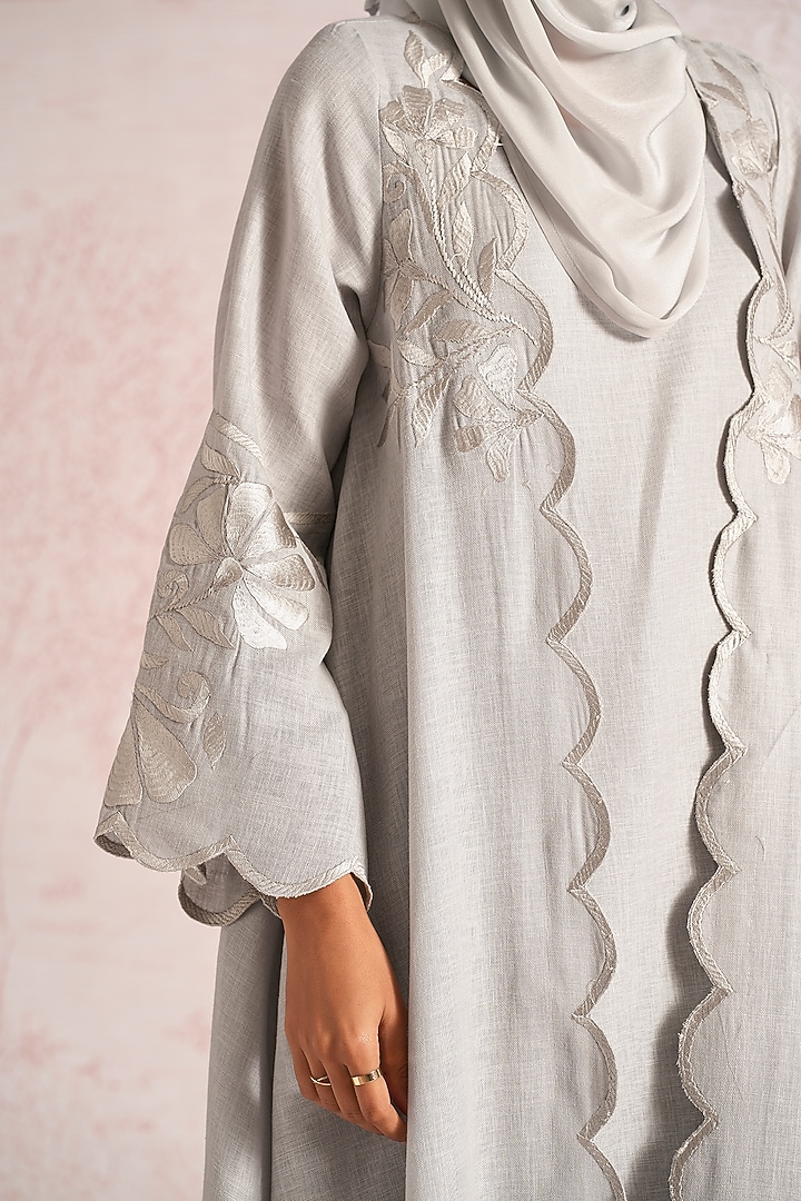 Smoke Colored Linen Blend Floral Thread Embroidered Abaya Jacket Cocktail Dress by Kaveri at Pernia's Pop Up Shop