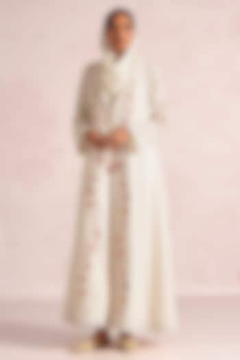 Off-White Linen Blend Floral Printed & Thread Embroidered Abaya Jacket Cocktail Dress by Kaveri at Pernia's Pop Up Shop