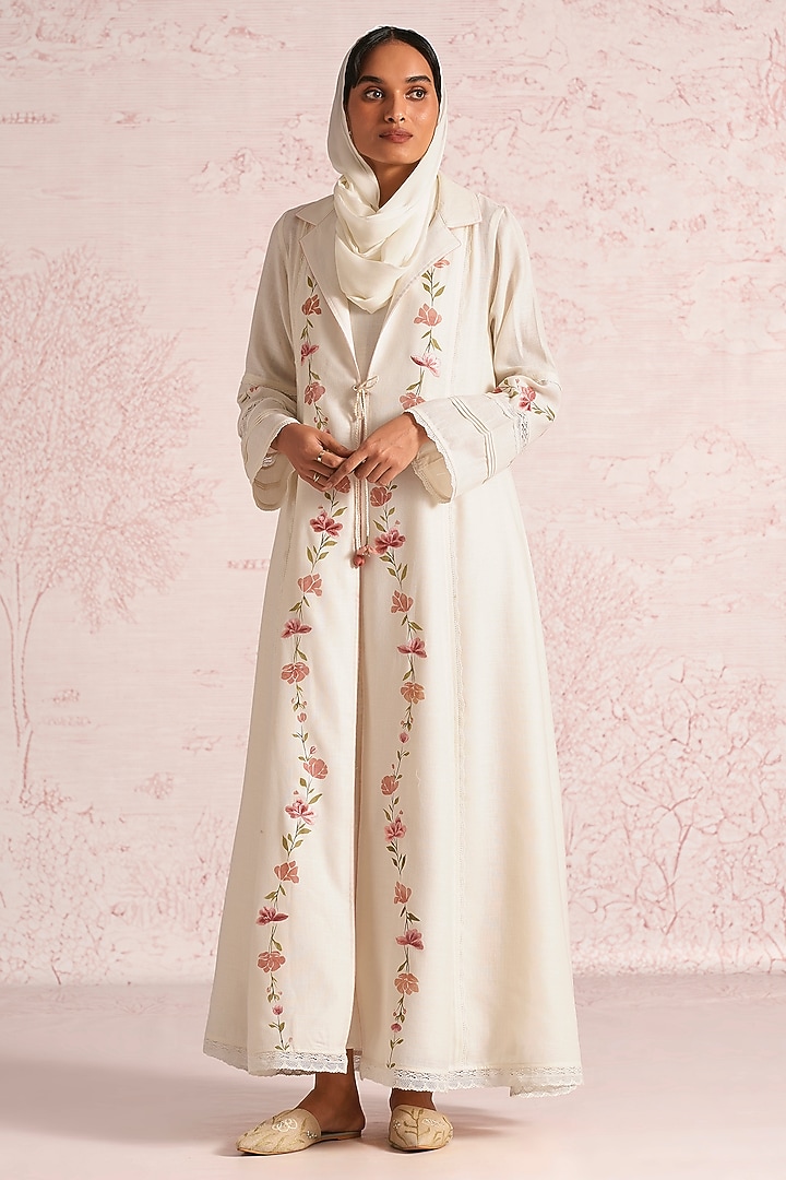 Off-White Linen Blend Floral Printed & Thread Embroidered Abaya Jacket Cocktail Dress by Kaveri at Pernia's Pop Up Shop