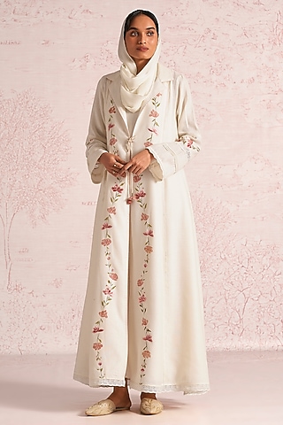 Off-White Linen Blend Floral Printed & Thread Embroidered Abaya Jacket Dress by Kaveri