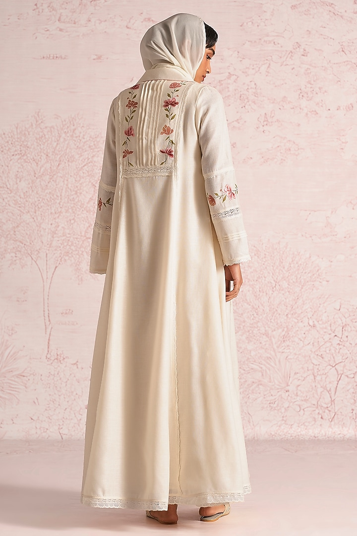 Off-White Linen Blend Floral Printed & Thread Embroidered Abaya Jacket Cocktail Dress by Kaveri at Pernia's Pop Up Shop