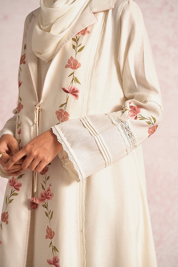 Off-White Linen Blend Floral Printed & Thread Embroidered Abaya Jacket Cocktail Dress by Kaveri at Pernia's Pop Up Shop