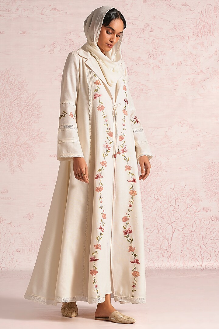 Off-White Linen Blend Floral Printed & Thread Embroidered Abaya Jacket Cocktail Dress by Kaveri at Pernia's Pop Up Shop