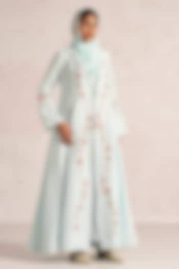 Ice Blue Linen Blend Floral Printed & Thread Embroidered Abaya Jacket Cocktail Dress by Kaveri at Pernia's Pop Up Shop