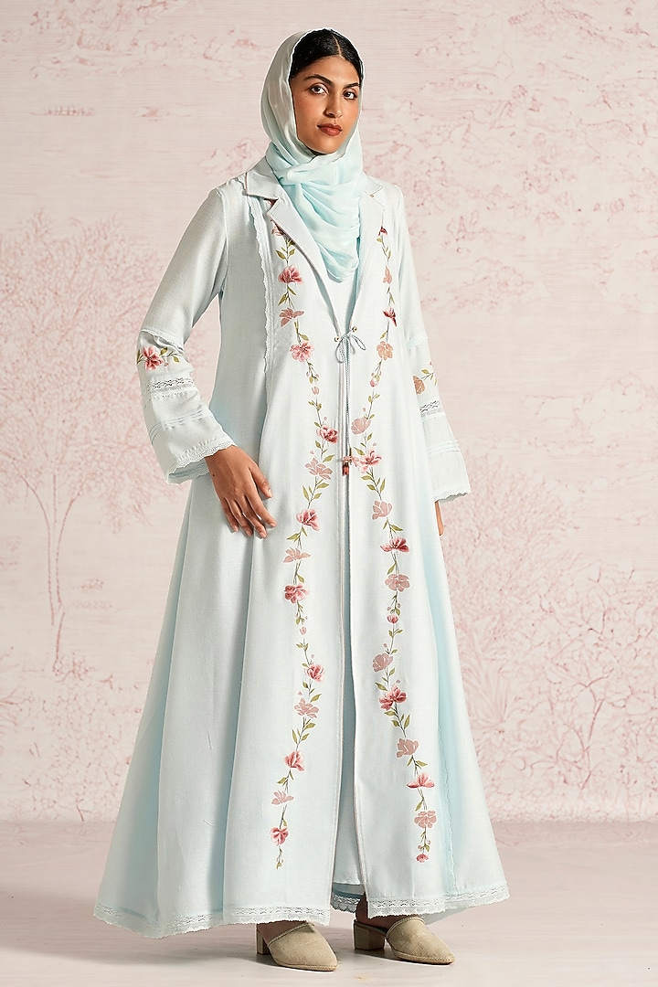 Ice Blue Linen Blend Floral Printed & Thread Embroidered Abaya Jacket Cocktail Dress by Kaveri at Pernia's Pop Up Shop